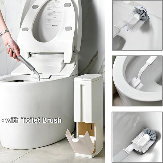Slim Bathroom Trash Cans with Lid 4.4 Inches Wide/0.7 Gallon(3 Liters)Small Narrow Lidded Bathroom Trash Can with Toilet Brush for RV CamperTiny Garbage Can RV Accessories for Inside (Ivory)