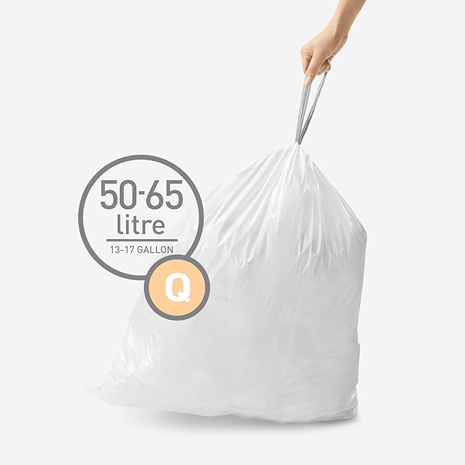 simplehuman Code Q 200 Count Dispenser Pack Custom Fit Liners Drawstring Trash Bags 50-65 Liter / 13-17 Gallon White