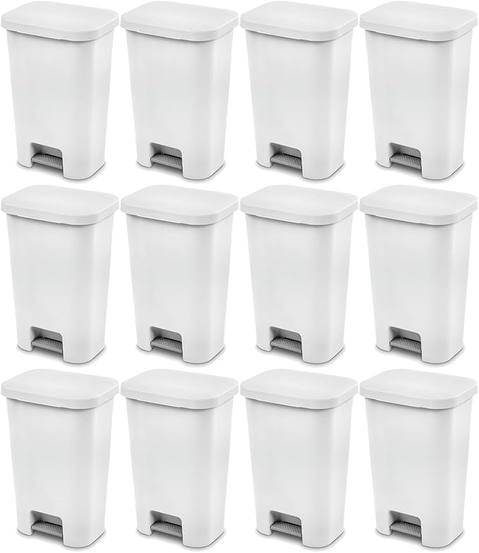 Sterilite 11.9 Gallon Rectangular Step On Kitchen Plastic Indoor Wastebasket with Wide Opening Lid and Comfort Handle for Home White (12 Pack)