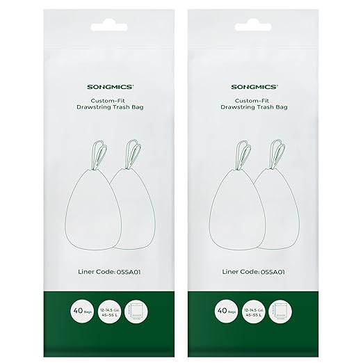 SONGMICS Trash Bags for 12-14.5 Gallon (45-55L) Trash Cans80 Count Drawstring Kitchen Garbage Bags Pre-Separated Liner Code 055A01 2 RollsWhite UKRB055A02