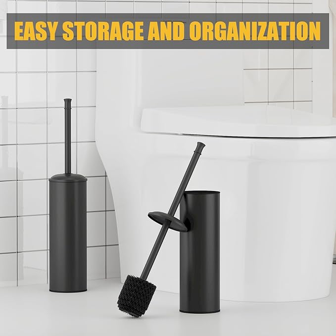 BESy Toilet Brush and Holder Toilet Cleaner Bowl Set with Two Brush with Extra Long Handle Durable Bristles Toilet Scrubber and Covered Holder Drip-Proof Stainless Steel Matte Black