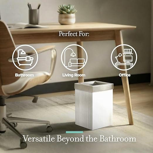 Gatco Small Bathroom Trash Can with Lid Square 3 Gallon Wastebasket Under Sink White Oak with Satin Nickel for Bathroom Bedroom Office (1936SN)