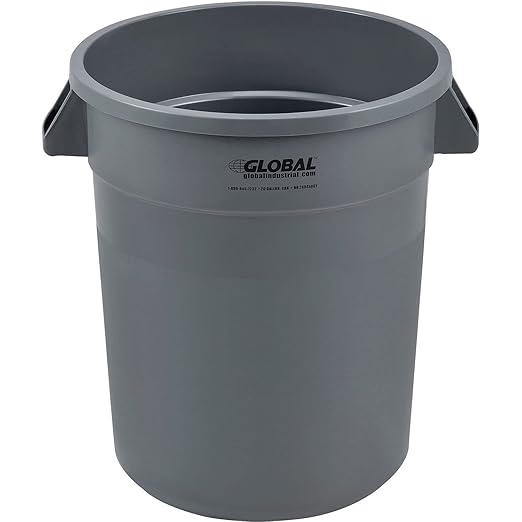 Global Industrial Commercial Round Trash Can 20 Gallon Capacity Plastic Garbage Can Indoor and Outdoor Utility Trash Can Gray 19 W x 22-1/2H No Lid