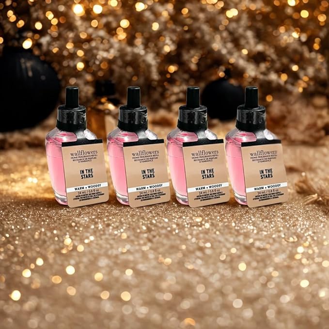 Bath &amp Body Works IN THE STARS Wallflowers Refills 4-Pack – Gift Set with 30-Inch Metallic Gold &amp Silver Striped Ribbon Bow for Holidays – 0.8 fl oz Each