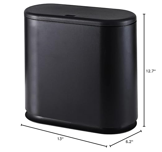 12L Black Slim Bathroom Trash Can with Press Top Lid3.17 Gallon Pet/Dog Proof Kitchen Trash CanThin Garbage CanCovered WastebasketNarrow Small Plastic Trashcan for Craft RoomBedroomOfficeDorm