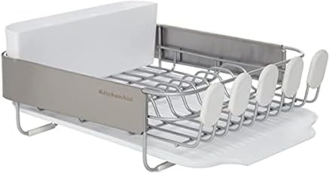 KitchenAid Compact Satin Wire Rust Resistant Expandable Dish Rack with Angled Self Draining Drainboard with Removable Flatware Caddy 23.18-Inch Gray
