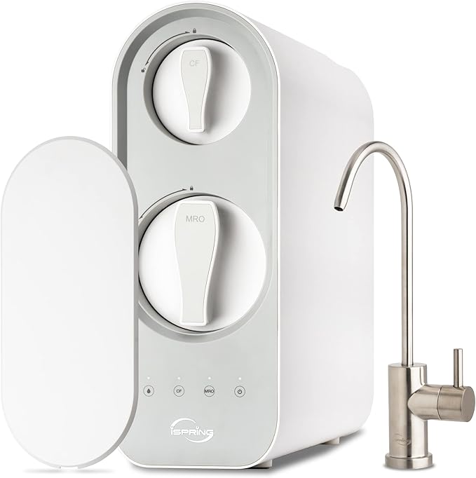 iSpring RO600BN Tankless Reverse Osmosis System Under Sink 600 GPD Fast Flow RO System 2.5:1 Pure to Drain Ratio RO Water Filter System Brushed Nickel Faucet White