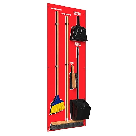 Clean &amp Sweep 5S Shadow Board/Wall Mount Broom Holder 68 x 30 Board 5S Cleaning Station - with Broom and Dustpan Set Included Made in The USA by AccuformNMC Red/Black PSB716RDBK
