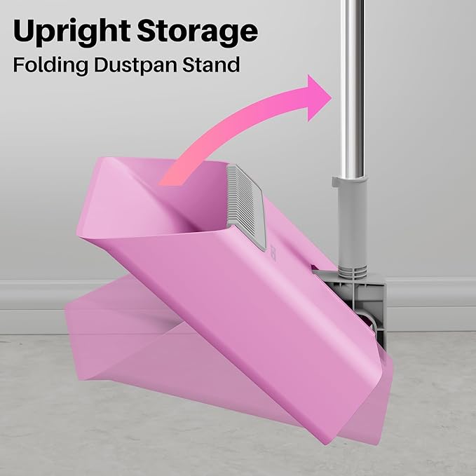 JOYMOOP Pink Broom and Dustpan Set with 56” Handle Upright Angle with Built-in Comb Teeth for Hardwood Floors and Pet Hair