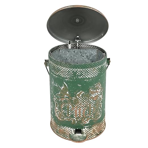 Farmhouse Garbage Can with Lid Indoor Outdoor Trash Can with Embossed Bird and Flowers PatternMetal Retro Kitchen Trash Can with Lid for Kitchen Room and Garden Decor (Green)
