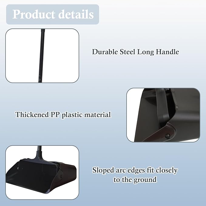 3-Pack Commercial Upright Dust Pan with Long Handle and Wheels – Heavy Duty Large Dust Pans for Indoor/Outdoor Use Janitorial or House Cleaning Tools Black Standing Dustpan