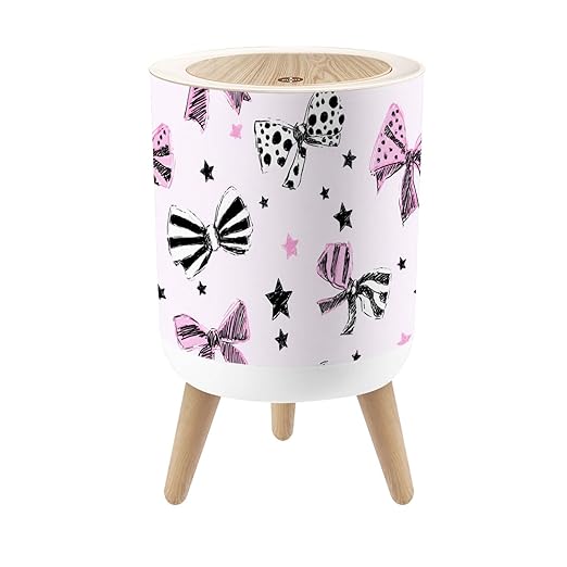 Bathroom Trash Can with Lid Girly Cute Seamless Hand Drawn Black Pink White Bows Stars White Garbage Bin Waste Basket for Kitchen Office Bedroom Decoration Diaper Pail 1.8 Gallon