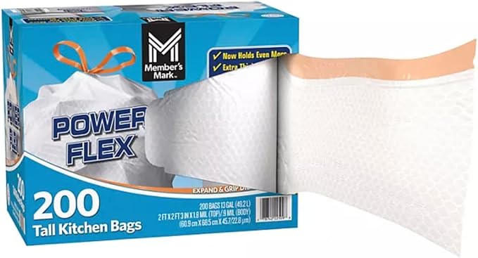Member Mark Power Flex 13-Gallon Tall Kitchen Trash Bags 200-Count Leak &amp Tear Resistant Drawstring 2x Stronger