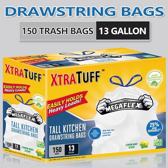 XtraTuff Tall Kitchen Drawstring Trash Bags 13 Gallon 150 Count Lemon Mint Scented MegaFlex Technology Leak and Puncture Resistant BPA Free