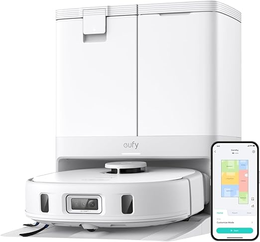 eufy X10 Pro Omni Robot Vacuum and Mop Combo Incredible Suction Dual Mops with 12 mm Auto-Lift and Carpet Detection AI Obstacle Avoidance Auto Mop Washing&ampDrying Self-Emptying White
