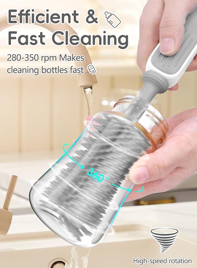 Electric Bottle Brush Cleaner Baby Bottle Brush Travel Set 360° Efficient Cleaning 2000 mAh Battery Travel Bottle Brush Set with Drainage Rack and Storage Box Baby Travel Essential Grey