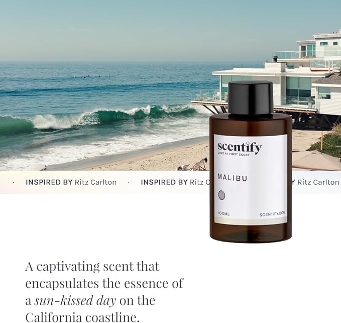 Scentify Malibu Aroma Oil Refill Scent for Oil Diffusers - Lemon White Tea Thyme Cedar Musk Scents - Luxurious Relaxing Aromatherapy Diffuser Fragrance 100ml 3.38 oz
