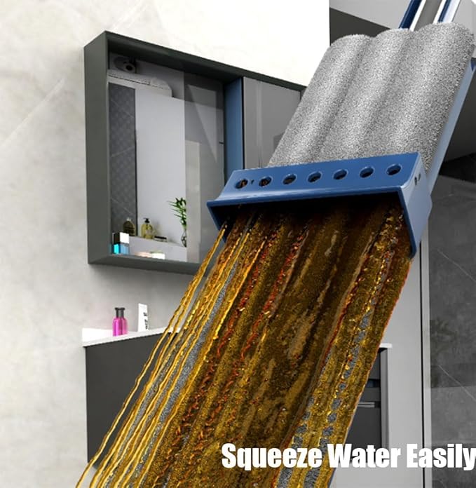 Large Flat Mop Lazy Person's Self-Washing Flat Mop Reusable Microfiber Self-Contained Dewatering Scraper Wet and Dry Use 12027(Bluewith 2 Pads)