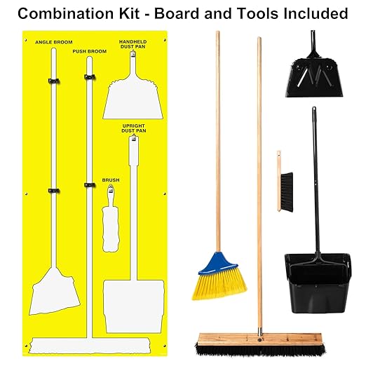 Clean &amp Sweep 5S Shadow Board/Wall Mount Broom Holder 68 x 30 Board 5S Cleaning Station - with Broom and Dustpan Set Included Made in The USA by AccuformNMC Yellow/White PSB116YLWT