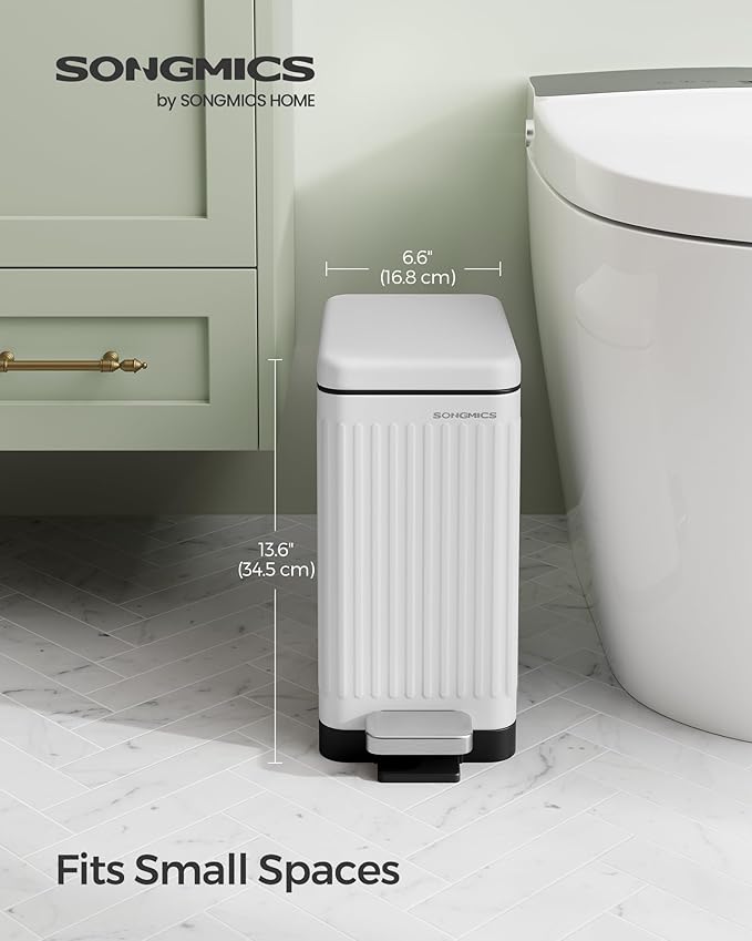 SONGMICS Bathroom Trash Can 2.6-Gallon (10 L) Trash Bin with Lid Slim for Small Spaces Stainless Steel Garbage Can Soft Close White ULTB562W01