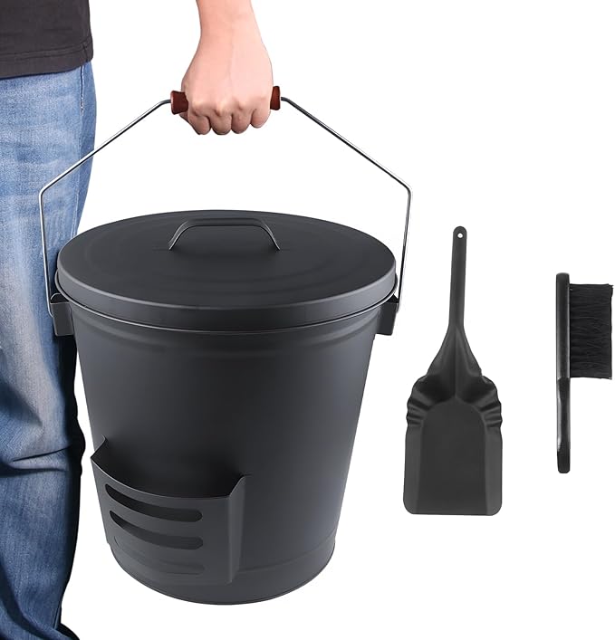 Ash Bucket with Lid and Shovel Hand Broom 5.15 Gallon Large Galvanized Iron Metal Fireplace Tools Ash Pail for Fire Places Fire Pits Wood Burning Stoves Hearth Accessories Indoor Outdoor Black