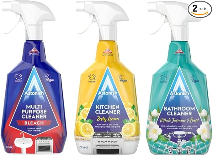 Astonish Spring Clean Bundle - Includes Multi Purpose Cleaning Spray With The Added Power Of Bleach Zesty Lemon Scented Kitchen Cleaner &amp Streak Free Foaming Bathroom Cleaner Spray Bottle (750ml