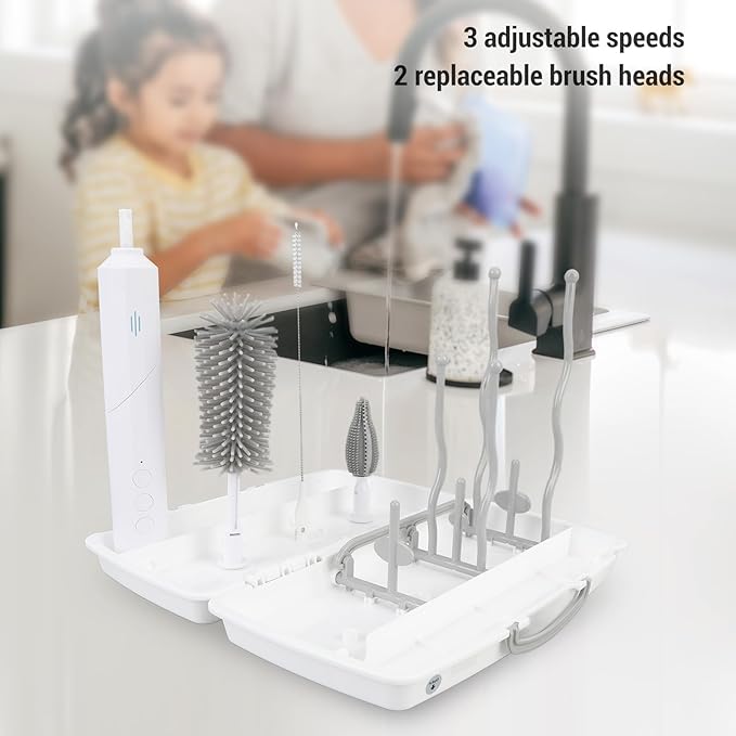 Electric Bottle Brush Set Rechargeable 3 Speeds Bottle Cleaning Brush with 2 Replaceable Heads and Drying Rack for Baby Bottles Travel Outdoor Use