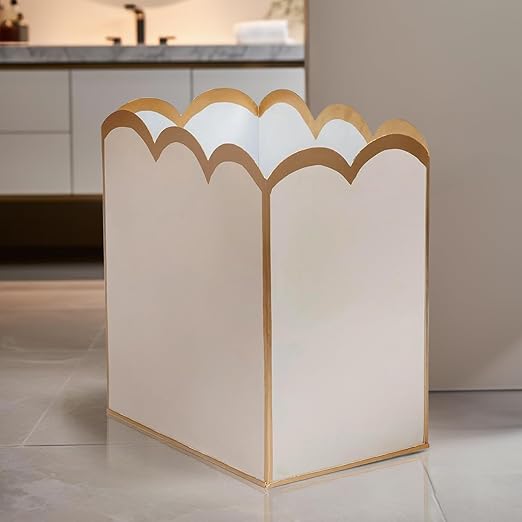Jaye's Studio Decorative Trash Can Taupe &amp Gold Waste Basket Magazine Holder Metal Bathroom Wastebasket for Gold Office Decor &amp Gold Bedroom Decor Scallop Basket Small Waste Bin 7”x10”x7.