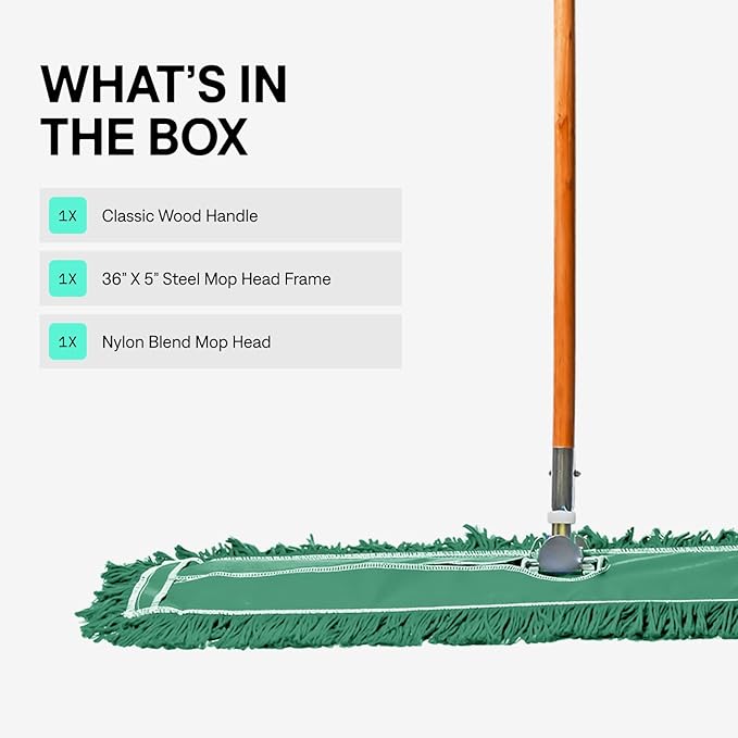 36 Inch Green Commercial Dust Mop &amp Floor Sweeper – Wood Handle Floor Mop for Tile Hardwood &amp Concrete