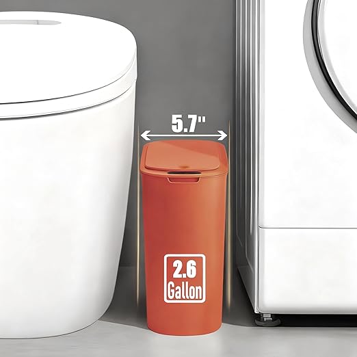 TIPGO Automatic Motion Sensor Bathroom Trash Can with Lid 2.6 Gallon Touchless Trash Bin Smart Garbage Can Plastic Slim Wastebasket for Bedroom Office Dorm (Orange)