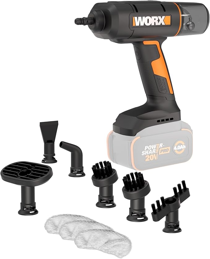 Worx 20V SteamStorm Cordless Handheld Steam Cleaner w/Accessories Steamer for Cleaning 220°F 8-Second Preheat Lightweight Portable Steamer for Home Car – Tool Only