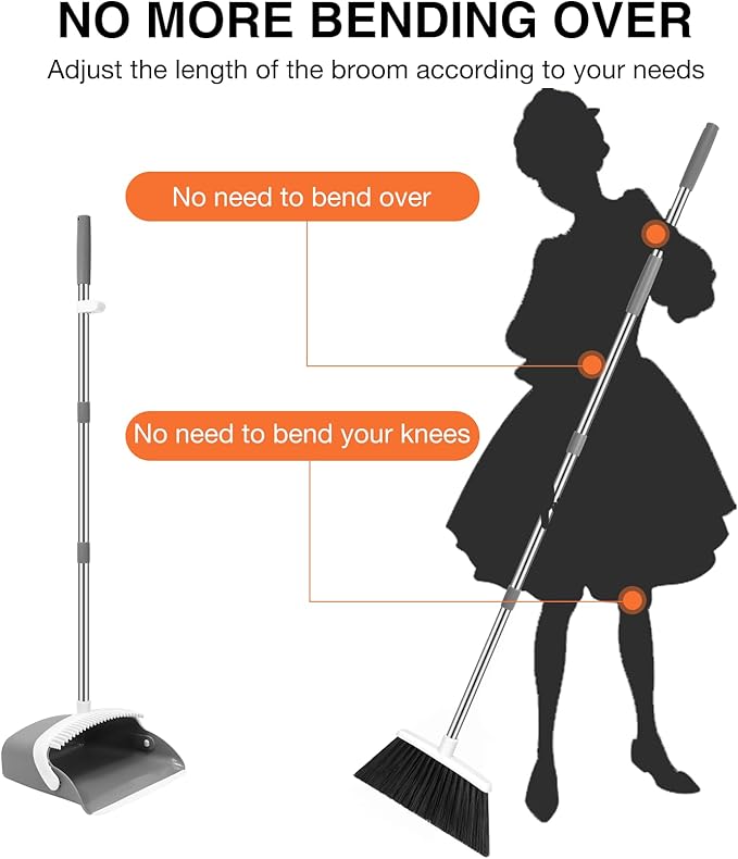 NACENA Broom and Dustpan Set 52-in Long Adjustable Handle Broom Dustpan Combo with Dustpan Teeth to Automatically Clean Hair Suitable for Home Kitchen Office Hall Floor (Grey&ampWhite) 4 Pack