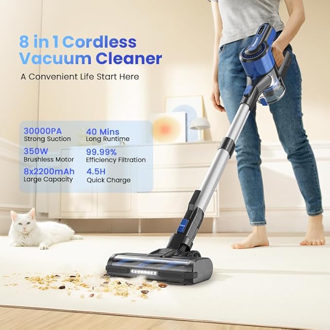 Vacuum Cleaners for Home Cordless Stick Vacuum with Powerful Suction for Pet Hair on Hardwood Floors &amp Carpets Lightweight Handheld and Portable Rechargeable Cleaner (Black+Blue)