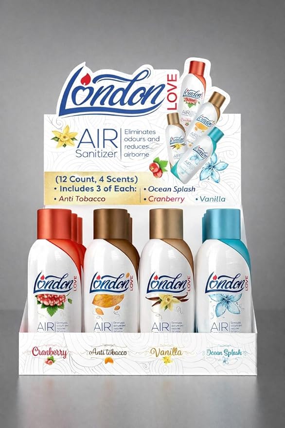 London Love Air Freshening Spray – (12 Count 4 Scents) Features 3 of each scent (Ocean Splash Anti Tobacco Cranberry Vanilla) – Odor Eliminator for Home Car Office &amp More