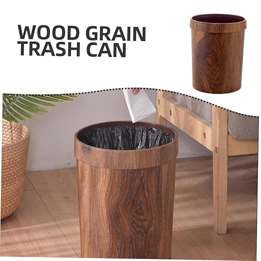Unomor Plastic Waste Bucket Imitation Wood Grain Home Trash Can Bathroom Bedroom Wastebasket
