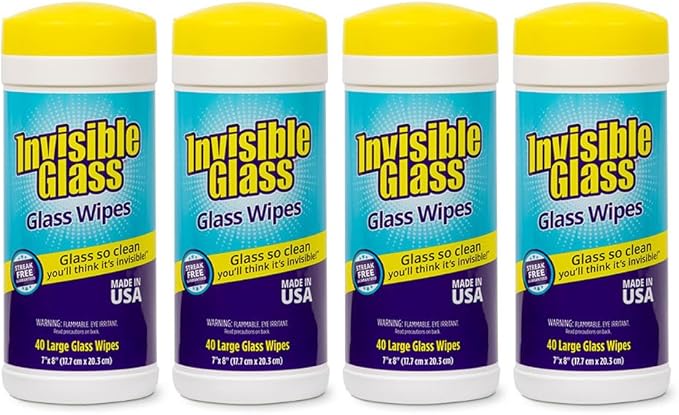Invisible Glass 90160-4PK Glass Cleaning Wipes Pre-Moistened Streak-Free and Lint-Free Safe for Windows Mirrors Windshields and Tinted Glass 40 Count (Pack of 4)