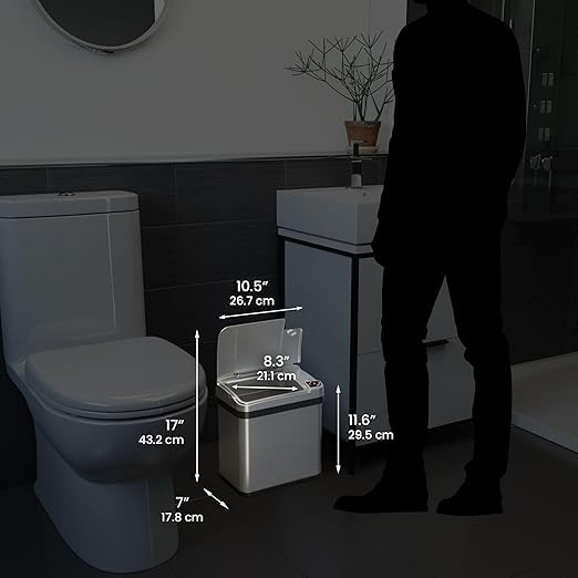 iTouchless 2.5 Gallon Bathroom Trash Can with Odor Control Automatic Motion Sensor Bin Soft-Close Stainless Steel Slim Wastebasket for Narrow Spaces Silver