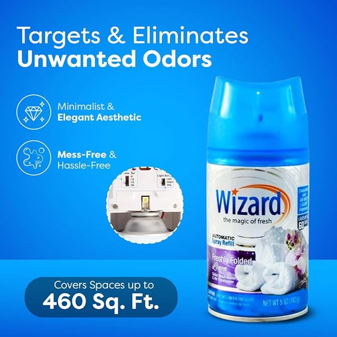 12 WIZARD AUTOMATIC SPRAY REFILLS FRESHLEY FOLDED LINEN 5 oz