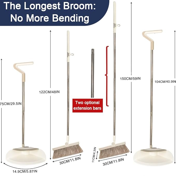 Triangular Indoor Broom and Dustpan Comb Set 180° Rotating Soft Bristle Long Handle Upright Sweeping Angled Broom with Self-Cleaning Teeth for Home Kitchen Office Wood Floor (White Gray)