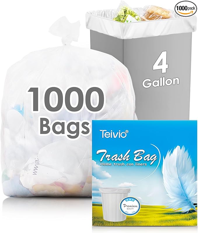 4 Gallon 1000 Counts Strong Trash Bag Garbage Bags by Teivio Bathroom Trash Can Bin Liners Small Plastic Bags for home office kitchen