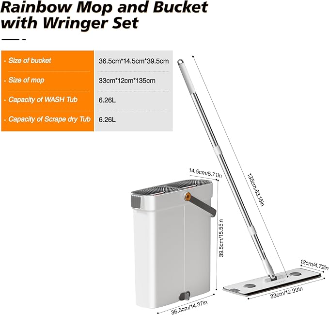 CTIME Flat Mop and Bucket Set with WringerWet and Dry UseHands-Free Flat Mops for Floor Cleaning and Window Wall Cleaner with 4 Microfiber Pads.