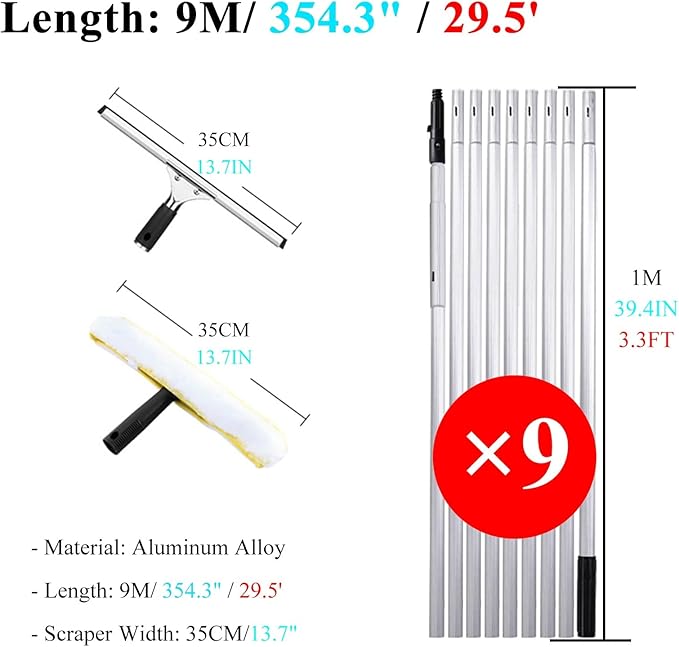 Window Cleaner Tool for High Windows 33 26 20 14 Feet 8 5 Ft Professional Extendable Cleaning Tool Kit/Telescopic Poles Bars for Indoor Outdoor Washing Glasses with Squ9m/354.3in/29.5ft
