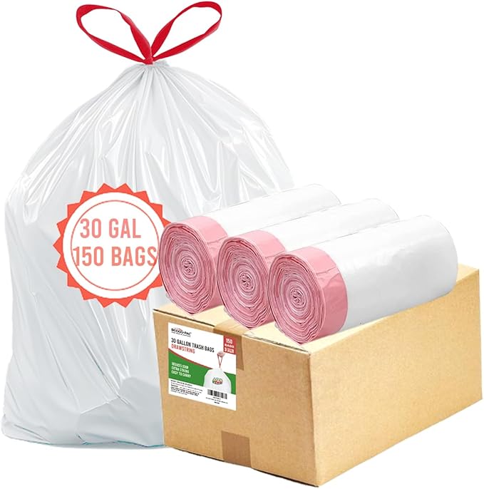 30 Gallon Trash Bags Drawstring 150 Count White | Unscented | Heavy Duty Multi-purpose Garbage Bags Can Liners for Business Home Kitchen Commercial and Industrial