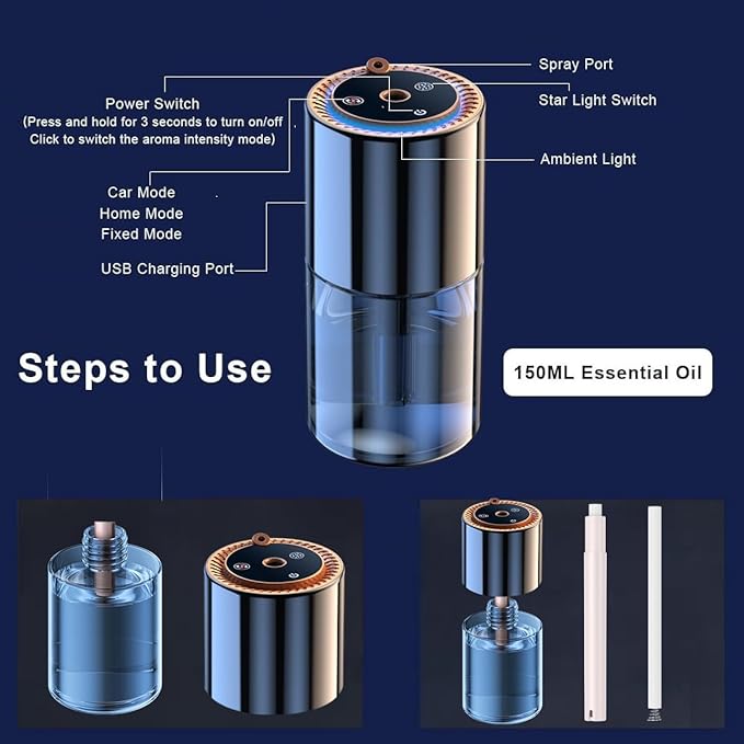 Car Air Freshener Car Scents Air Freshener 150ML Natural Fragrance 300 Days Long Lasting Car Essential Oil Diffuser with Star Projector and Flame Ambient Mood Light Auto On/Off