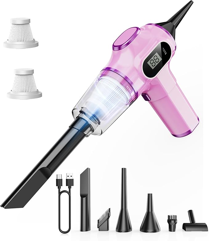 Pink Car Vacuum CleanerPortable Mini Cordless Small Handheld Vacuum Cleaner with LCD Display and Multi-Nozzles Powerful Hand Held Vacuums for CarPet HairHomeOfficeSofaKeyboard