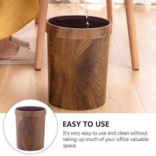 Lurrose Retro Trash Can 10L Imitation Wood Grain Wastebasket with Press Ring Vintage Kitchen Bathroom Garbage Bin for Living Room and Toilet Use