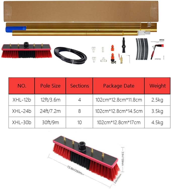 Water Fed Extendable Telescopic Window Cleaning Pole Window Cleaner Kit 3.6m/7.2m/9m Extended Cleaning Brush35cm Brush Head30FT/9M (30FT/9M)