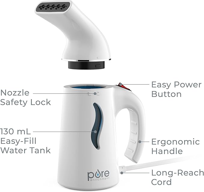 Pure Enrichment PureSteam Portable Fabric Steamer - Handheld Travel Garment Steamer Removes Wrinkles &amp is Safe on All Fabrics - Fast-Heating Lightweight Auto Safety Shut-Off &amp Long Cord (Wh