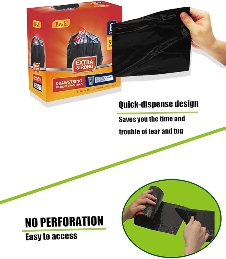 Besli 8 Gallon Black Drawstring Trash Bag Garbage Bag Trash Can Liner0.9 Mil90 Counts