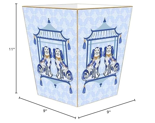 Marye-Kelley Staffordshire Dogs on Blue Wood Wastepaper Basket Chinoiserie Handmade in The USA Wastebasket for Bedroom Bathroom Living Room Office Kitchen